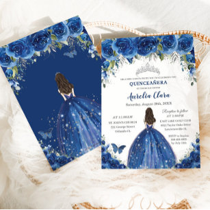 Invitation Quinceañera Royal Blue Floral Princesse Anniversai