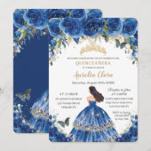 Invitation Quinceañera Royal Blue Flowers Papillons Tiara (Devant / Derrière)
