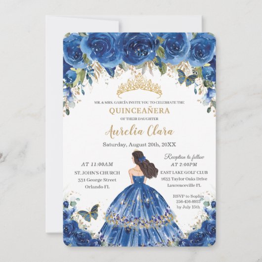 Invitation Quinceañera Royal Blue Flowers Papillons Tiara (Devant)