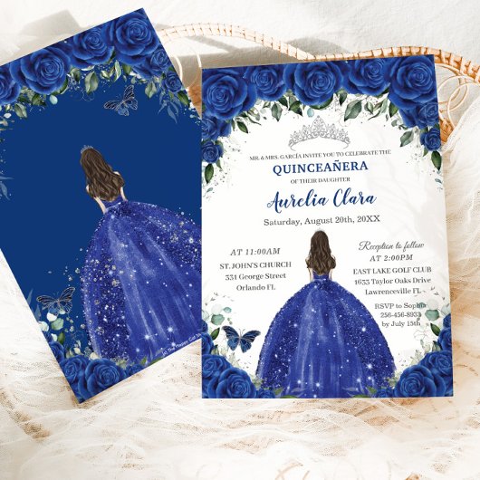 Invitation Quinceañera Royal Blue Flowers Princesse Anniversa