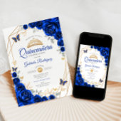 Invitation Quinceanera Royal Blue Gold Floral
