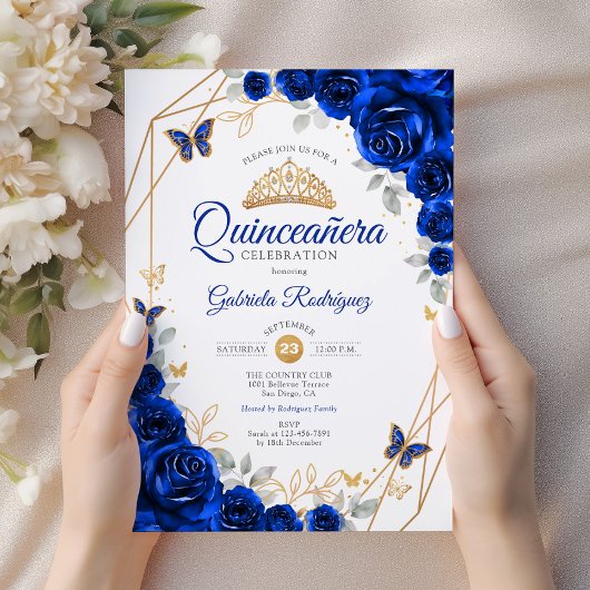 Invitation Quinceanera Royal Blue Gold Floral