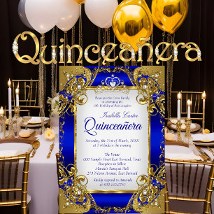 Invitation Quinceanera Royal Blue Golden Pearl Tiara Party
