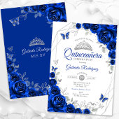 Invitation Quinceanera Royal Blue Silver Floral