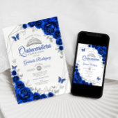 Invitation Quinceanera Royal Blue Silver Floral