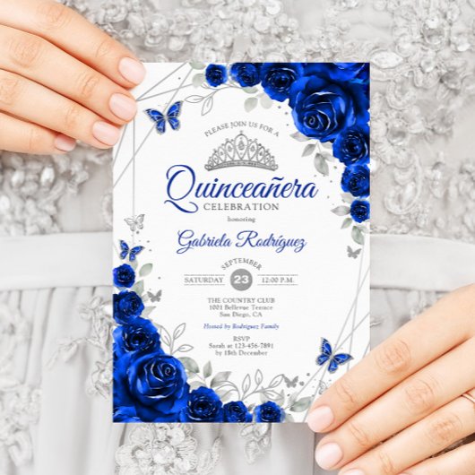 Invitation Quinceanera Royal Blue Silver Floral