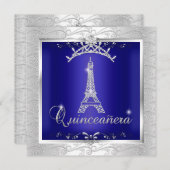 Invitation Quinceanera Royal Blue Silver Tour Tiara Eiffel (Devant / Derrière)