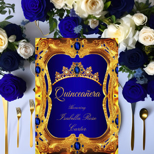 Invitation Quinceanera Royal Blue Ultra Gold Tiara Party