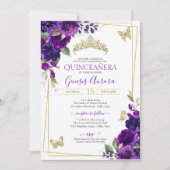 Invitation Quinceañera Royal Purple Floral Papillon (Devant)