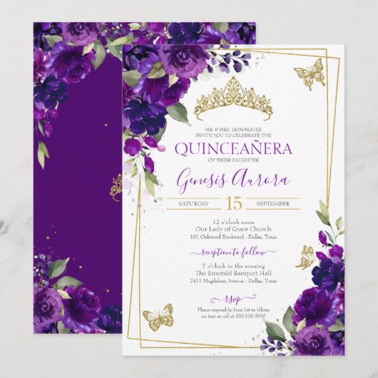 Invitation Quinceañera Royal Purple Floral Papillon (Devant / Derrière)