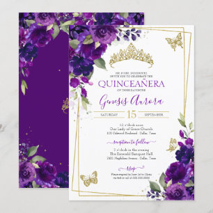 Invitation Quinceañera Royal Purple Floral Papillon
