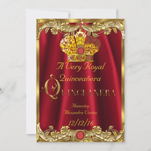 Invitation Quinceanera Royal Red Gem Gold Princesse Crown (Devant)
