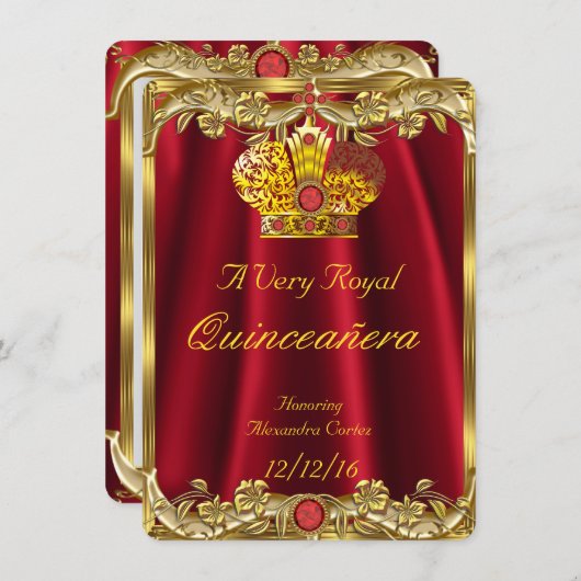 Invitation Quinceanera Royal Red Gem Gold Princesse Crown 2 (Devant / Derrière)