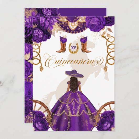 Invitation Quinceanera Royale Violet Ouest Charro 2 Côtés Dan (Devant / Derrière)