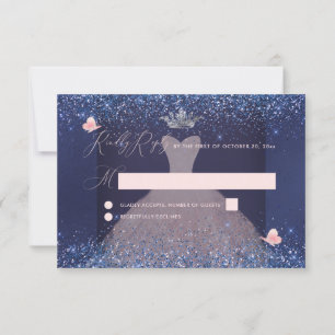 Invitation Quinceanera RSVP Butterfly Blush Gown Navy dans