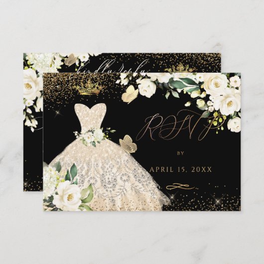 Invitation Quinceanera RSVP Champagne Gold Parties scintillan (Devant / Derrière)