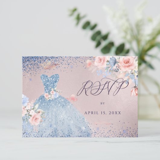 Invitation Quinceanera RSVP Dusty Blue Parties scintillant Go (Debout devant)