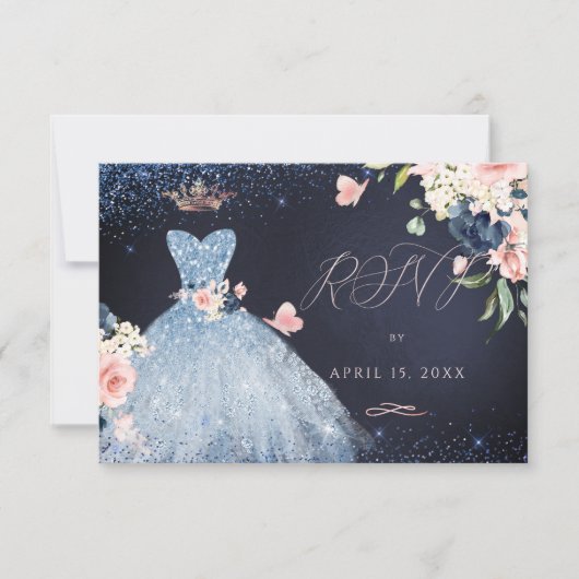 Invitation Quinceanera RSVP Dusty Blue Parties scintillant Go (Devant)