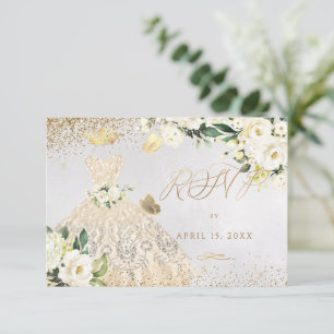Invitation Quinceanera RSVP Gold Parties scintillant Gown Inv