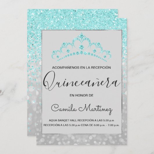 Invitation Quinceanera RSVP Turquoise Blue Girly Parties scin (Devant / Derrière)
