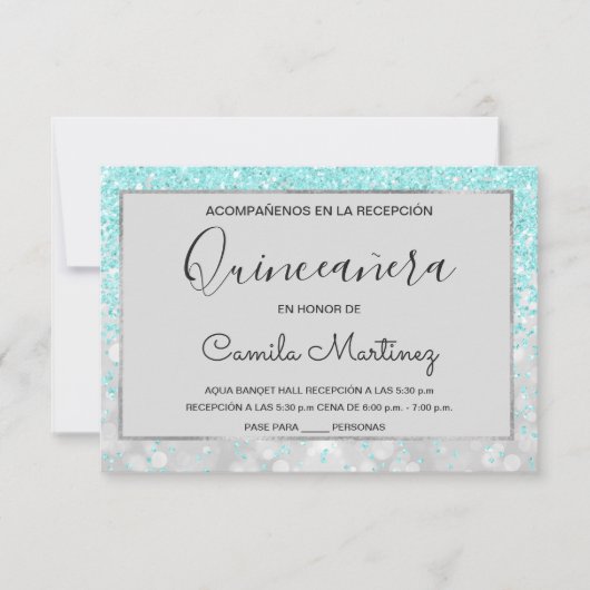 Invitation Quinceanera RSVP Turquoise Blue Girly Parties scin (Devant)