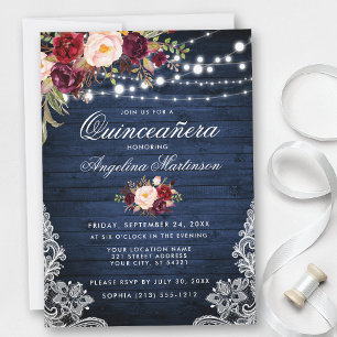 Invitation Quinceanera Rustique Bleu Bois Bourgogne Floral