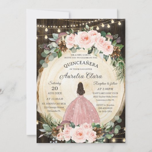 Invitation Quinceanera Rustique Blush Floral Enchanted Forest (Devant)