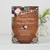Invitation Quinceanera rustique Bois Bourgogne Bleu Floral (Debout devant)