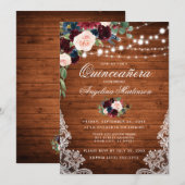 Invitation Quinceanera rustique Bois Bourgogne Bleu Floral (Devant / Derrière)