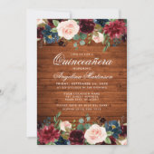 Invitation Quinceanera rustique Bois Bourgogne Bleu rose Flor (Devant)