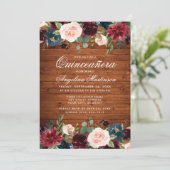 Invitation Quinceanera rustique Bois Bourgogne Bleu rose Flor (Debout devant)