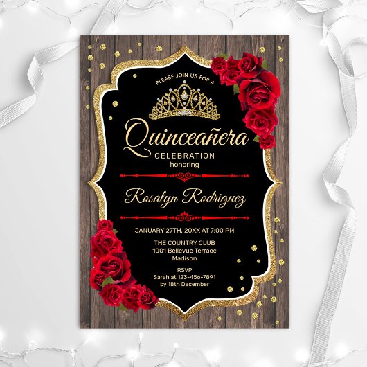 Invitation Quinceanera - Rustique Bois Rouge Or