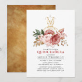 Invitation Quinceanera Rustique Floral Faux Robe d'or 15e (Devant / Derrière)