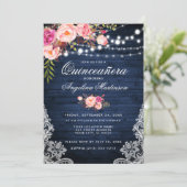 Invitation Quinceanera rustique Lumières en bois bleu rose Fl (Debout devant)