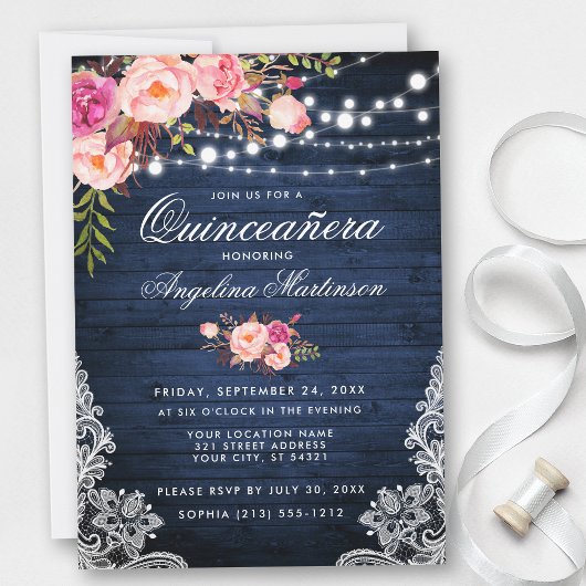 Invitation Quinceanera rustique Lumières en bois bleu rose Fl