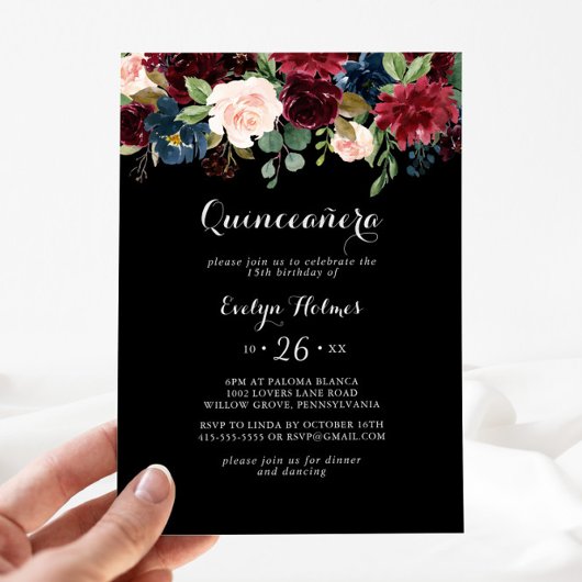 Invitation Quinceañera rustique noire