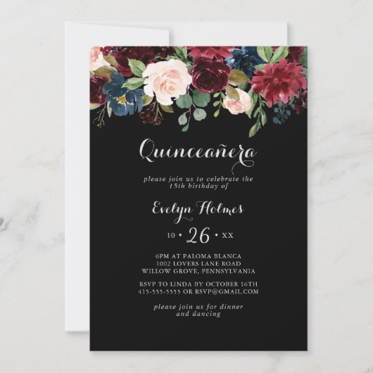 Invitation Quinceañera rustique noire (Devant)