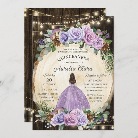 Invitation Quinceañera Rustique Violet Floral Enchantée Forêt (Devant / Derrière)