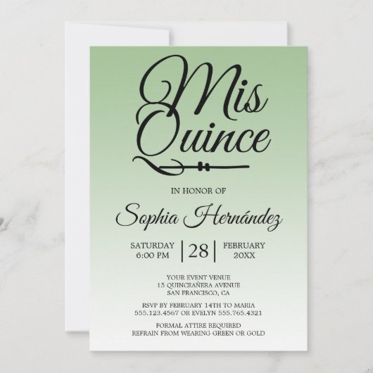 Invitation Quinceañera Sage Green 15e anniversaire (Devant)