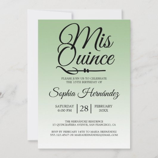 Invitation Quinceañera Sage Green 15e anniversaire (Devant)