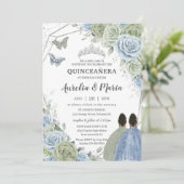Invitation Quinceañera Sage Green Blue Floral Twins Silver (Debout devant)