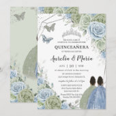 Invitation Quinceañera Sage Green Blue Floral Twins Silver (Devant / Derrière)