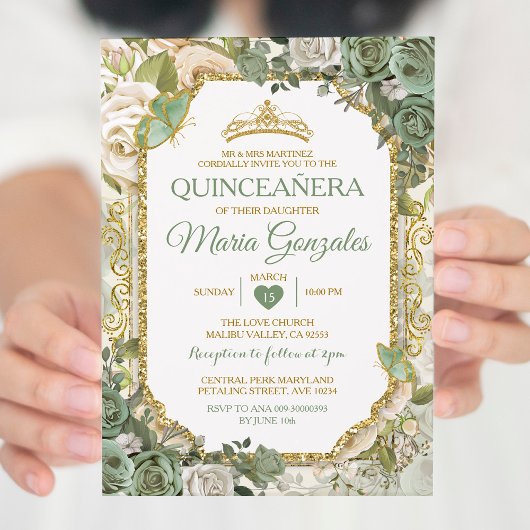 Invitation Quinceañera Sage Green & Gold Crown Butterfly