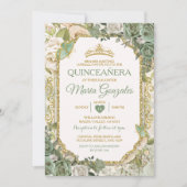 Invitation Quinceañera Sage Green & Gold Crown Butterfly (Devant)