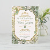Invitation Quinceañera Sage Green & Gold Crown Butterfly (Debout devant)
