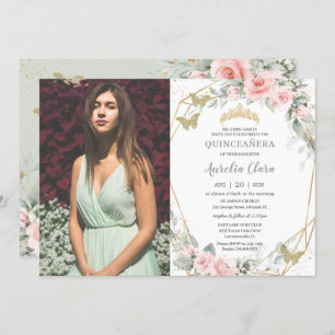Invitation Quinceañera Sage Papillons verts Pink Floral