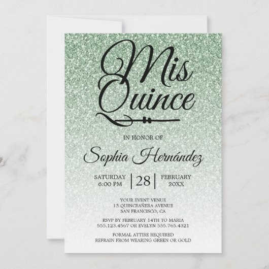 Invitation Quinceañera Sage Parties scintillant verte 15e ann (Devant)