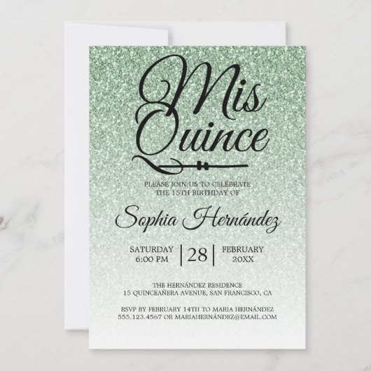 Invitation Quinceañera Sage Parties scintillant verte 15e ann (Devant)