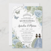 Invitation Quinceañera Sage Vert Bleu Floral Jumeaux Argent (Devant)