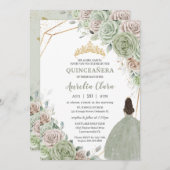Invitation Quinceañera Sage Vert Champagne Or Floral (Devant / Derrière)